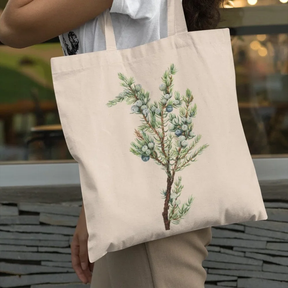 Mountain Juniper Vintage Watercolor Botanical Print Graphic Canvas Tote Bag